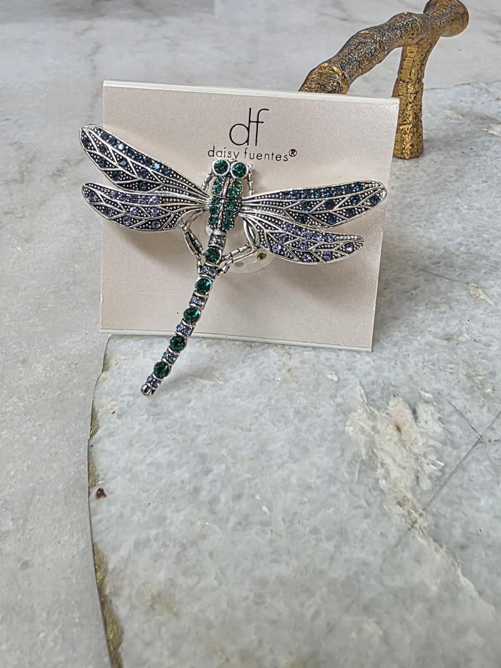 Daisy Fuentes Green and Lavender Dragonfly Brooch with Rhinestones NWT - Picture 3 of 3